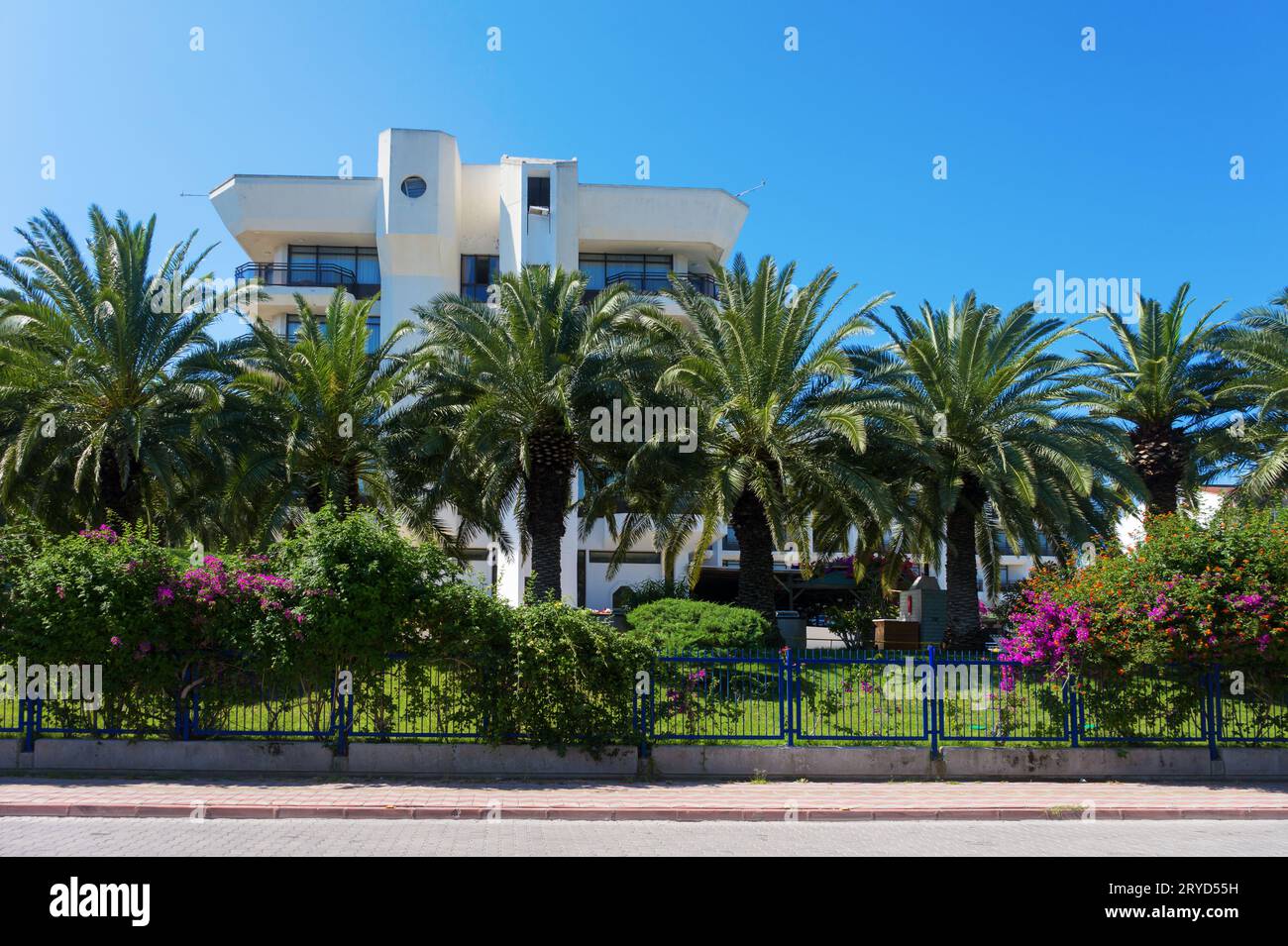 Einige Palmen und Hotel Stockfoto