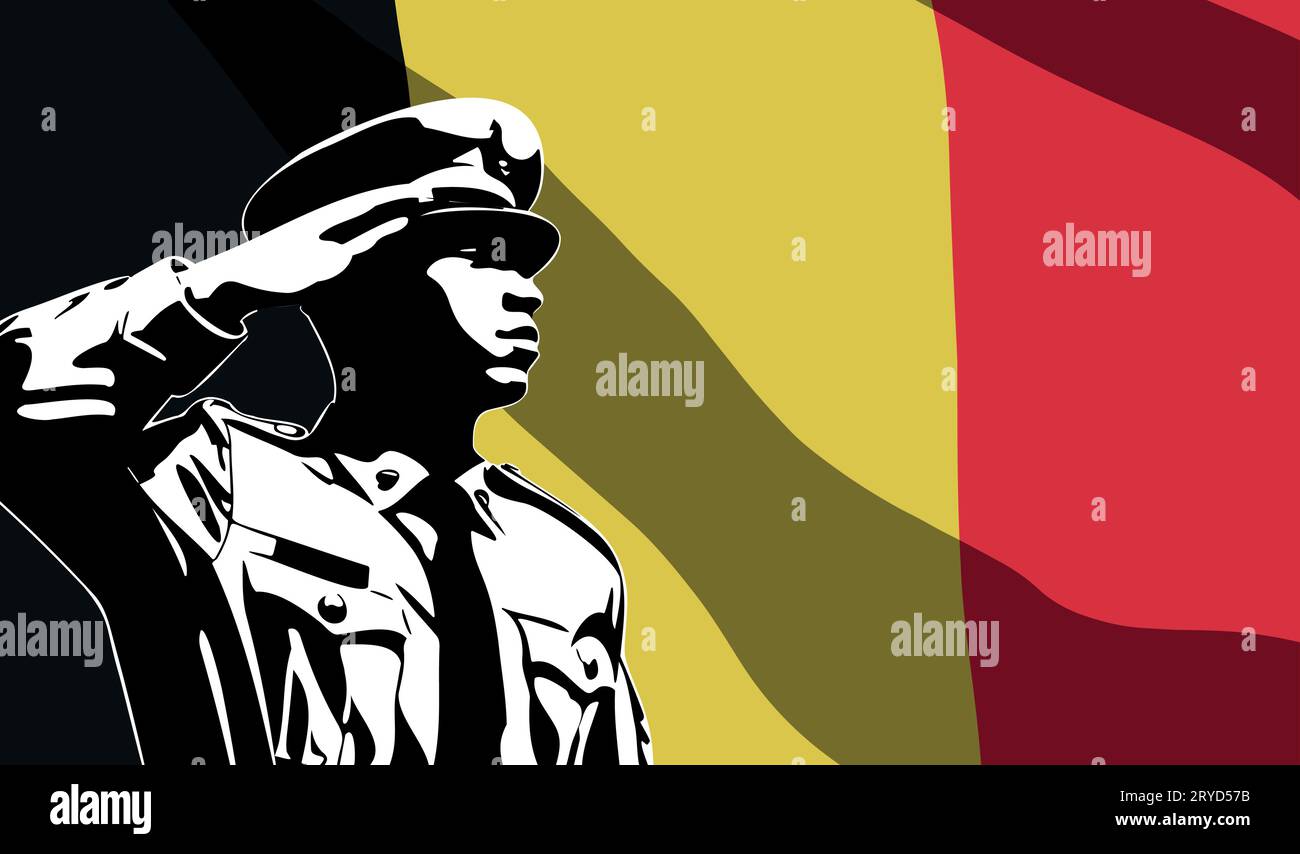 Silhouette eines Soldaten mit belgischer Flagge im Hintergrund. Army Day-Konzept Stock Vektor