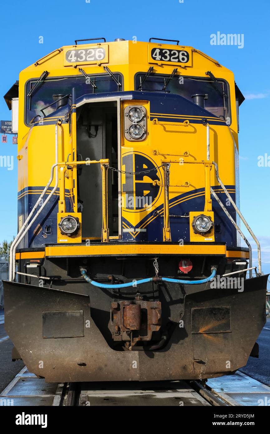 Blau-gelber Traktormotor der Alaska Railroad in Anchorage, bereit für die Abfahrt nach Denali Na Stockfoto