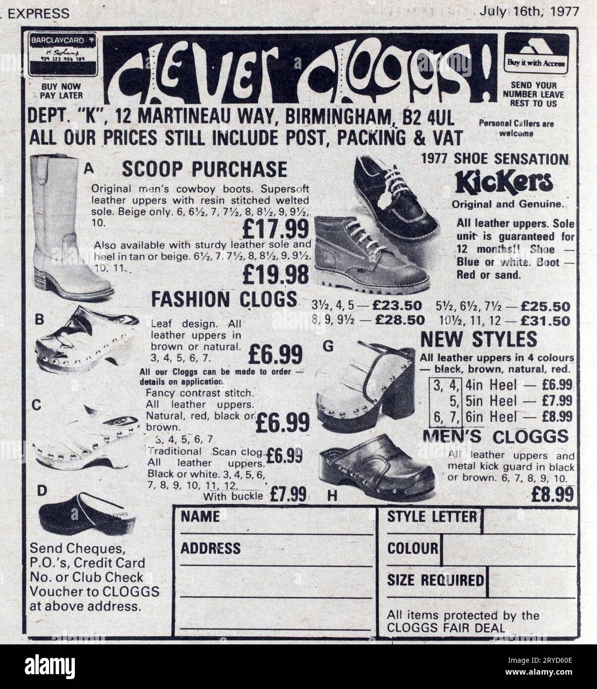 Werbung für Clogs in der 1970er-Ausgabe des NME New Musical Express Music Paper Stockfoto