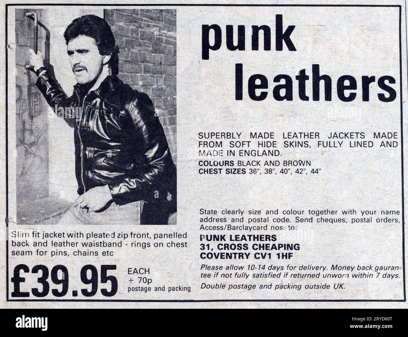 Werbespot für Punk Leather Jackets in der Ausgabe von NME New Musical Express Music Paper aus den 1970er Jahren Stockfoto