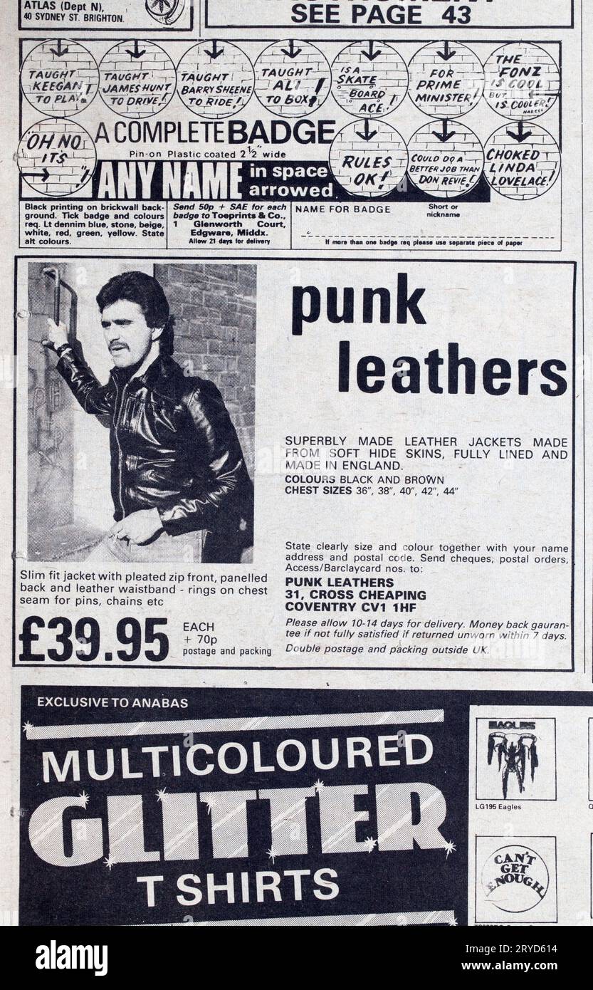 Werbespot für Punk Leather Jackets in der Ausgabe von NME New Musical Express Music Paper aus den 1970er Jahren Stockfoto