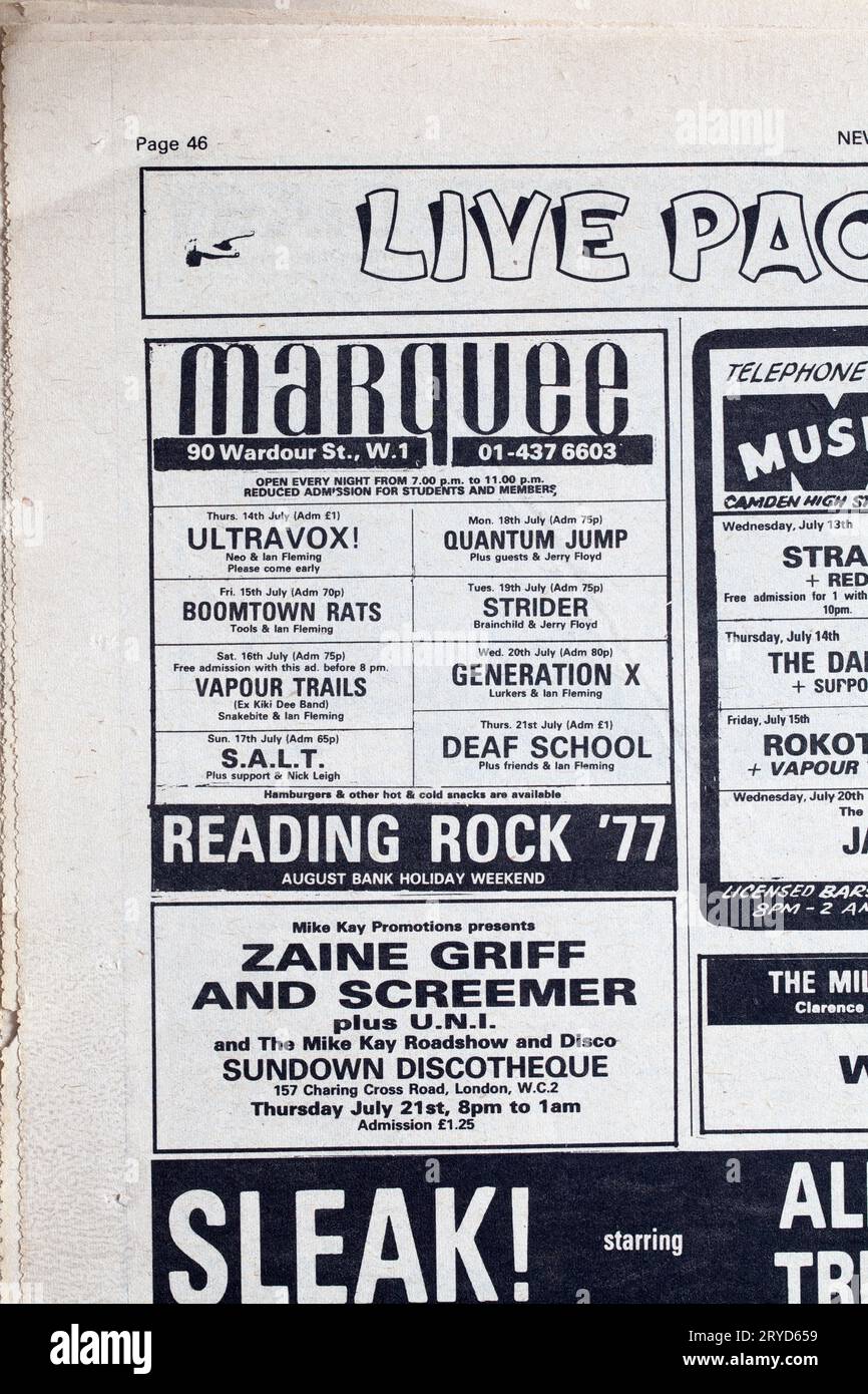 Werbung für die Marquee Club Concerts in der 1970er-Ausgabe des NME New Musical Express Music Paper Stockfoto