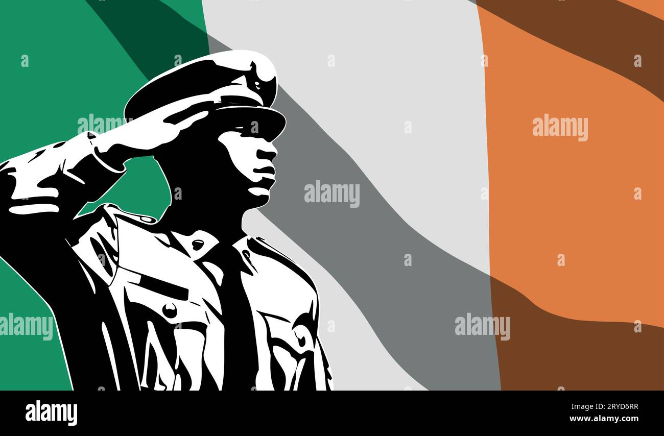 Silhouette eines Soldaten mit Irland-Flagge auf dem Hintergrund. Army Day-Konzept Stock Vektor