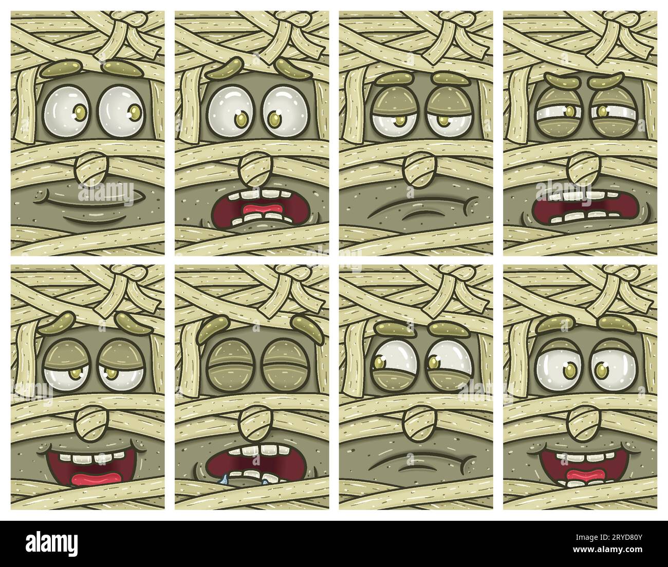 Zeichentrickset Für Mummy Face Expression. Tapeten-, Cover-, Etiketten- und Verpackungsdesign. Vektorillustration Stock Vektor