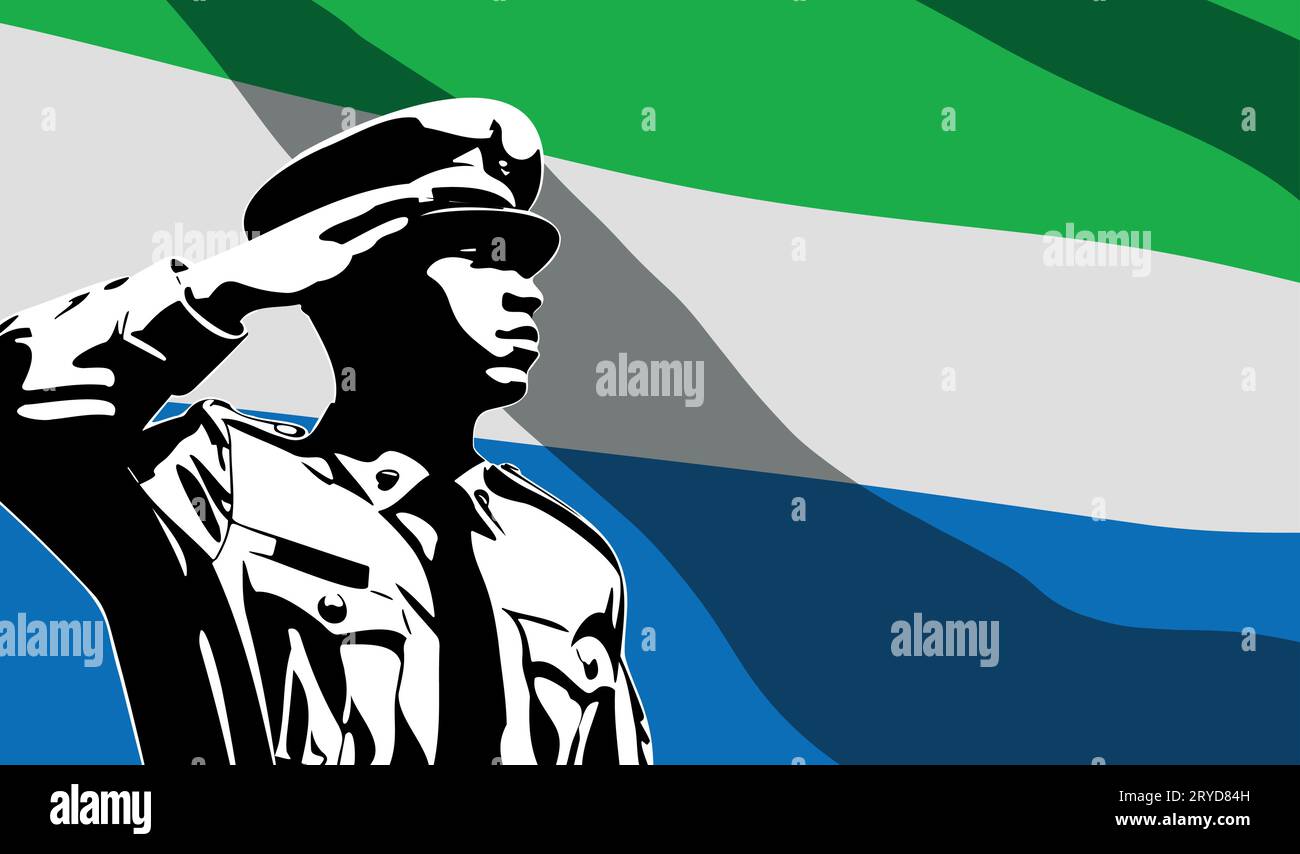 Silhouette eines Soldaten mit Sierra Leone-Flagge auf dem Hintergrund. Army Day-Konzept Stock Vektor