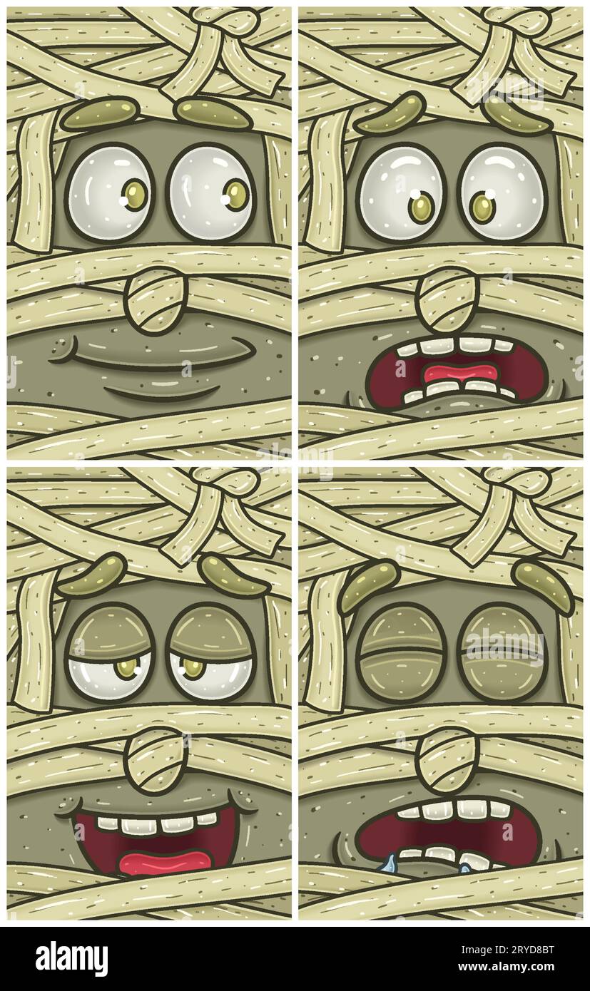 Mummy Face Expression – Zeichentrickfilm. Hoffnungsvoller, Ungläubiger, Hoher Und Schläfriger Ausdruck. Design-Set für Tapeten, Cover, Etiketten und Verpackungen. Vektor Stock Vektor