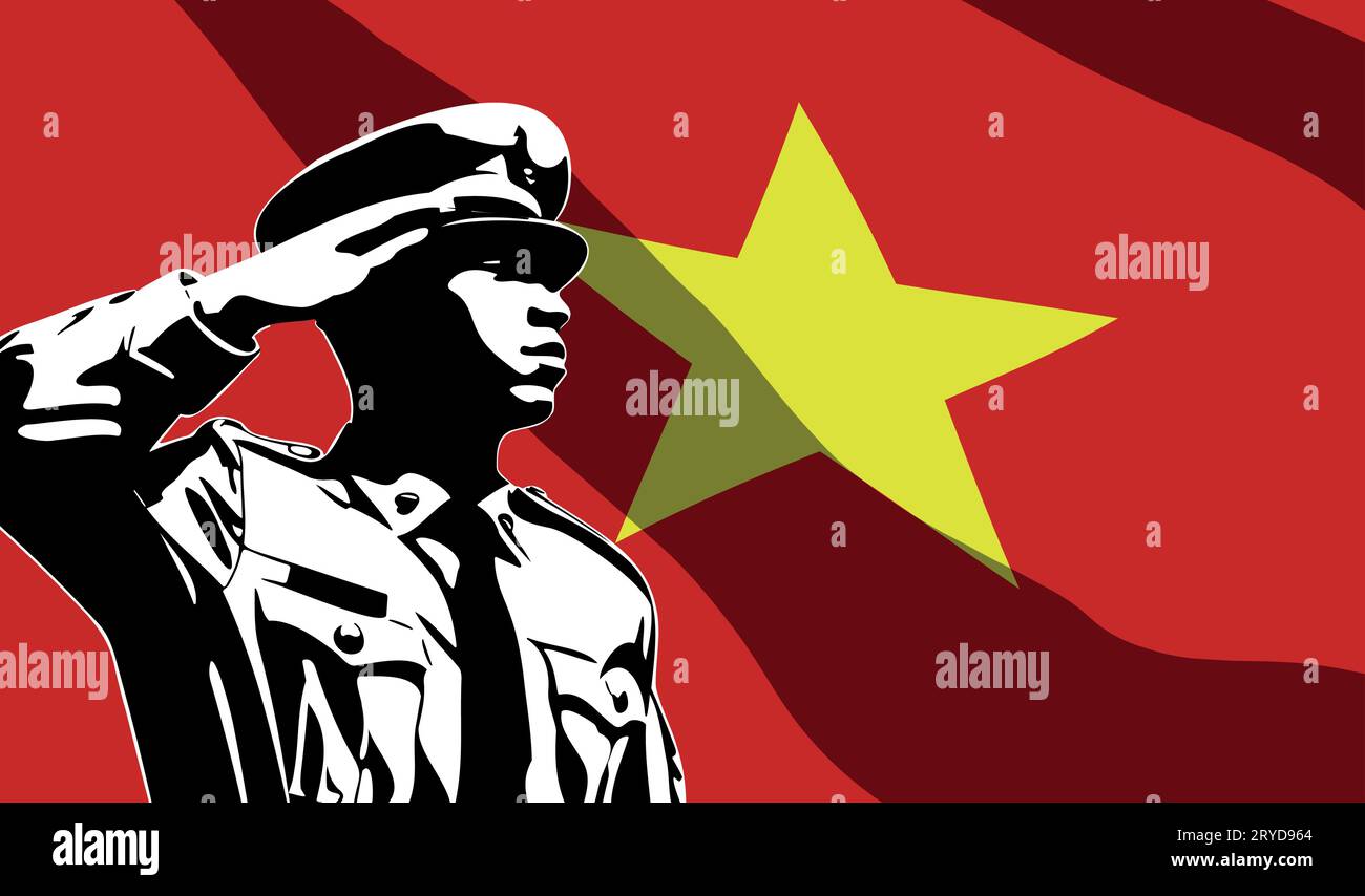 Silhouette eines Soldaten mit vietnamesischer Flagge auf dem Hintergrund. Army Day-Konzept Stock Vektor