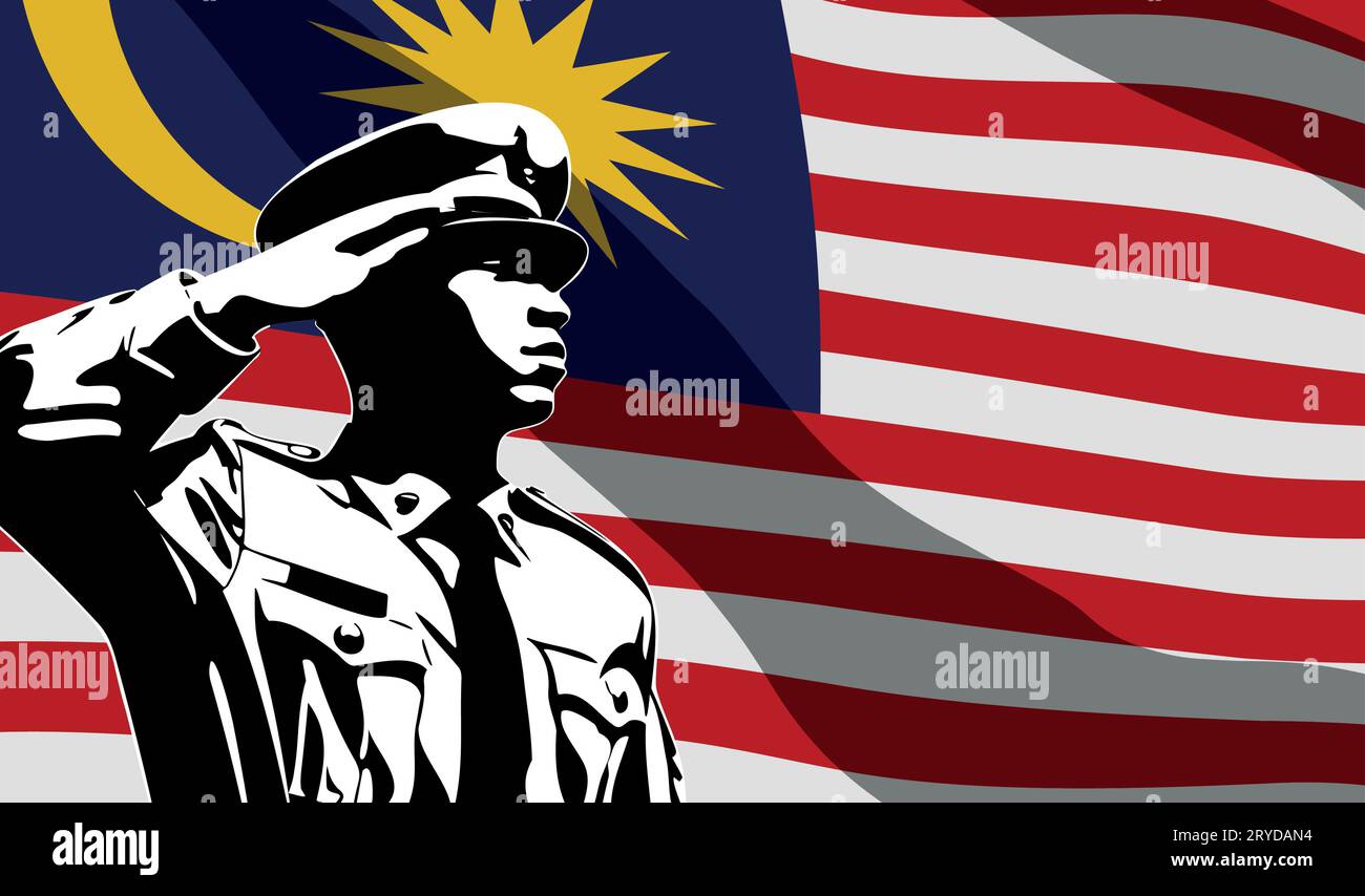 Silhouette eines Soldaten mit Malaysia-Flagge auf dem Hintergrund. Army Day-Konzept Stock Vektor