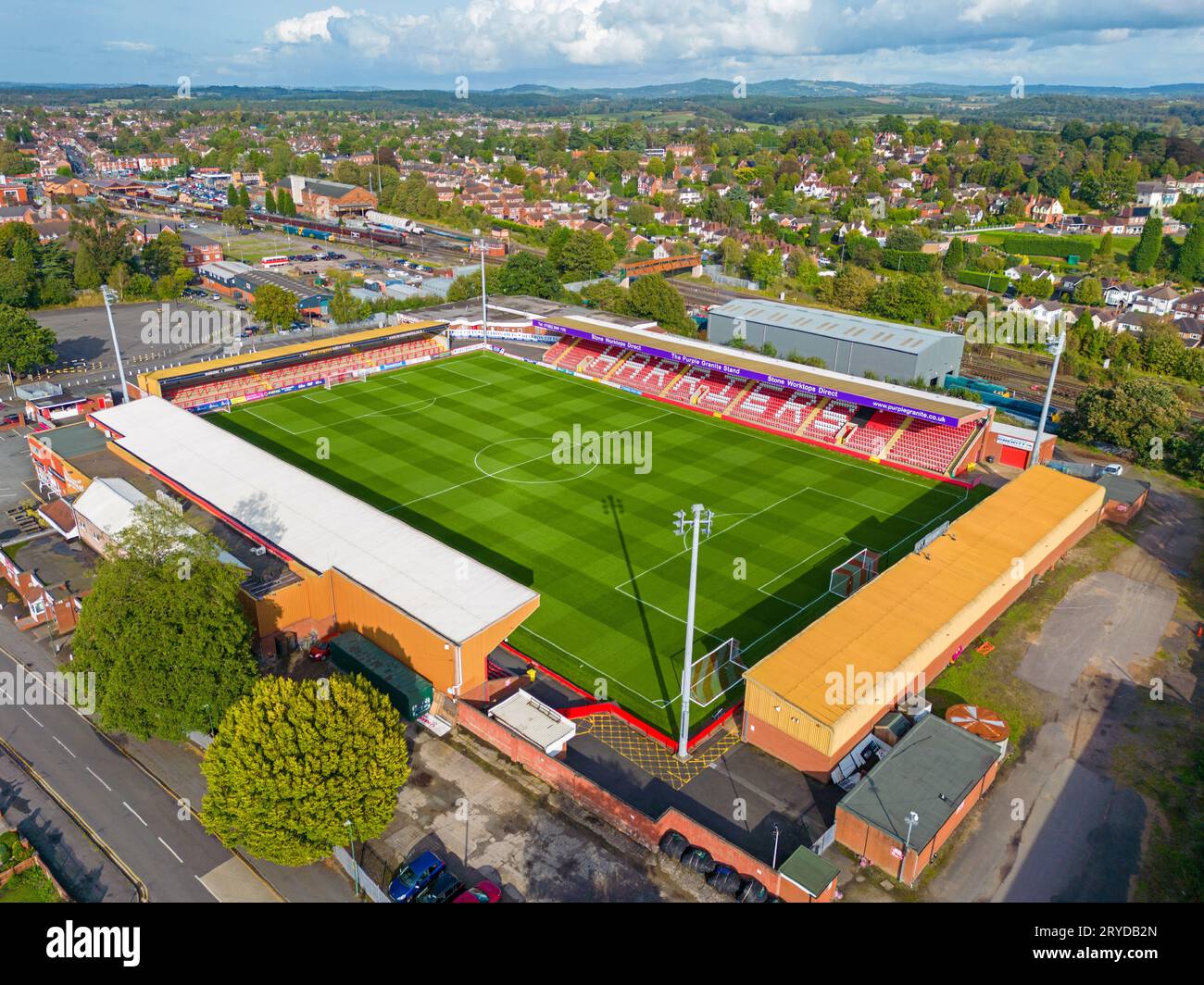 Birmingham, Großbritannien, 09.26.2023 Kidderminster Harriers Football Club, Aggborough Stadium. Luftbild. 26. September 2023. Stockfoto