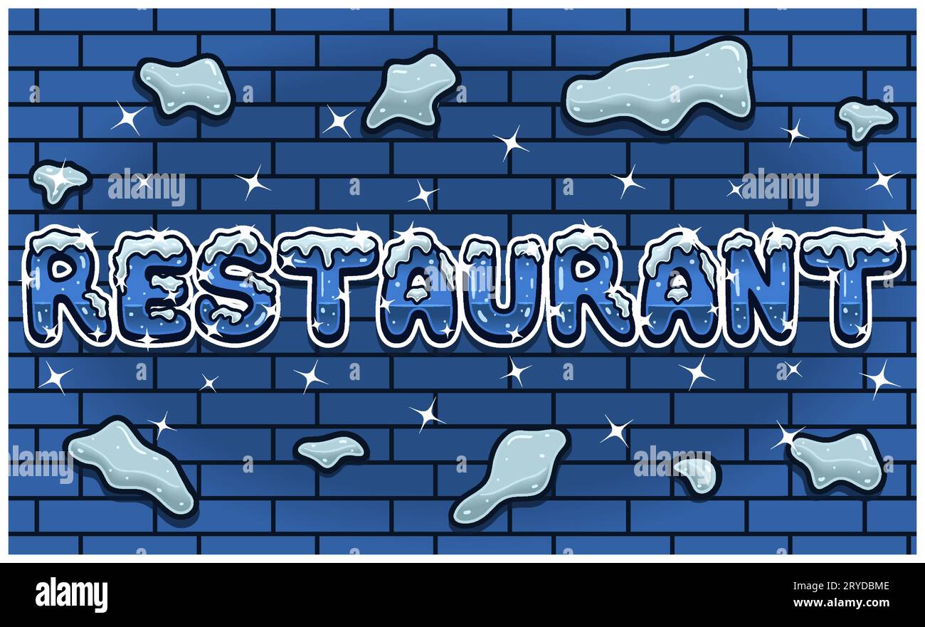 Restaurantbeschriftung Mit Schnee-Eis-Schriftart Im Ziegelwand-Hintergrund Für Die Schildervorlage. Texteffekt und einfache Verläufe. Vektorgrafiken. Stock Vektor