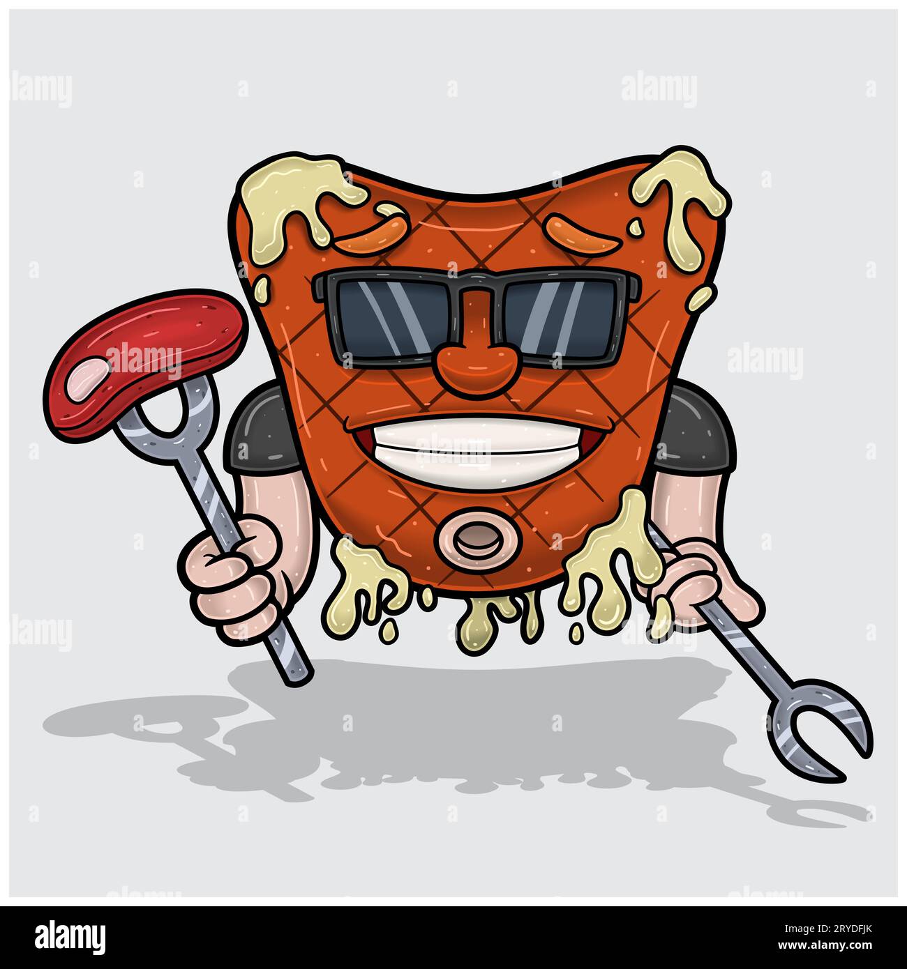 Maskottchen-Cartoon von Fleischsteak mit Fleisch und Gabeln. Logo für Food, Meat, Barbeque und Beef. Vektorgrafiken Stock Vektor