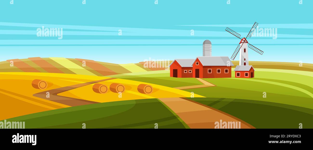 Bauernhof mit Windmühle in Dorflandschaft Vektor Illustration. Rote Scheune, Siloturm und Windkraftanlage, Landstraße zu Bauernhäusern, Pfad durch grüne und gelbe Hügel Stock Vektor