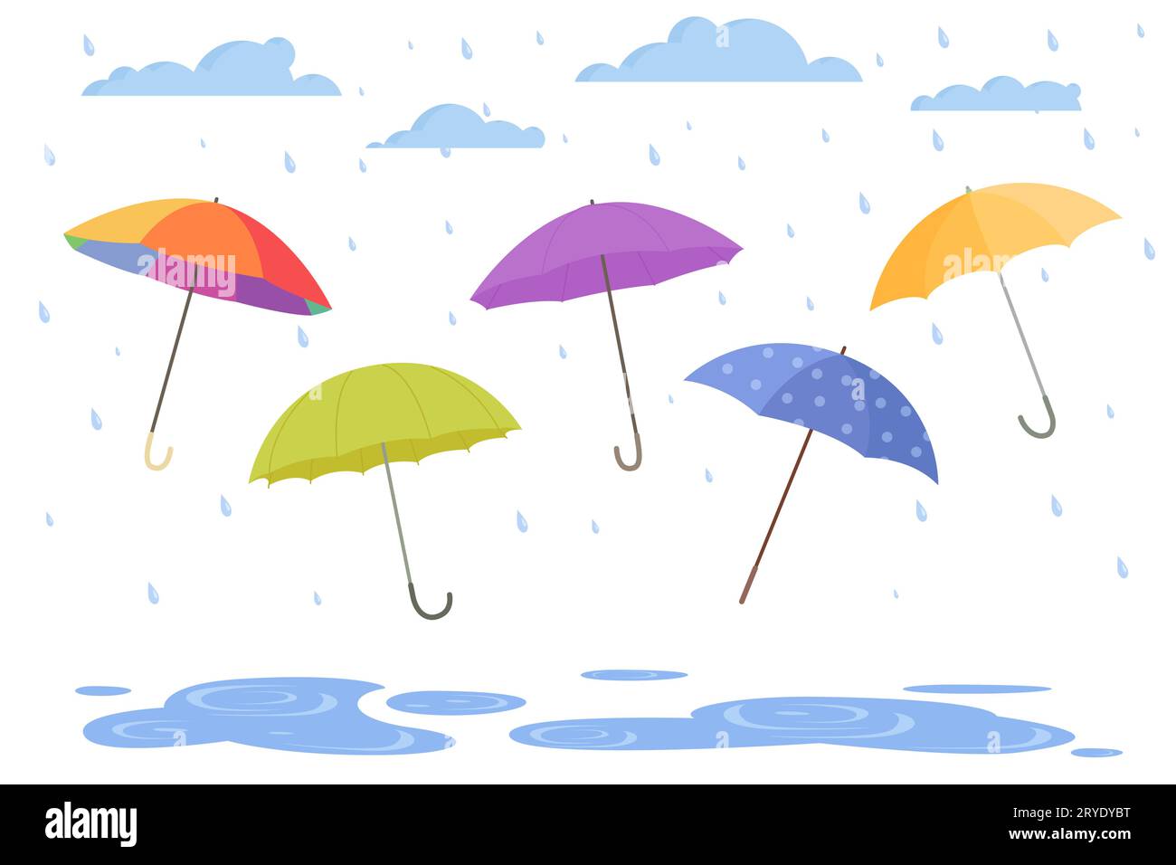 Öffnen Sie das Regenschirm-Set zum Schutz vor Regenvektorillustration. Cartoon isolierte Sonnenschirme in verschiedenen Farben mit Griffen und wasserdichtem Stoff, Zubehör zum Schutz vor Regenfällen aus Wolken Stock Vektor