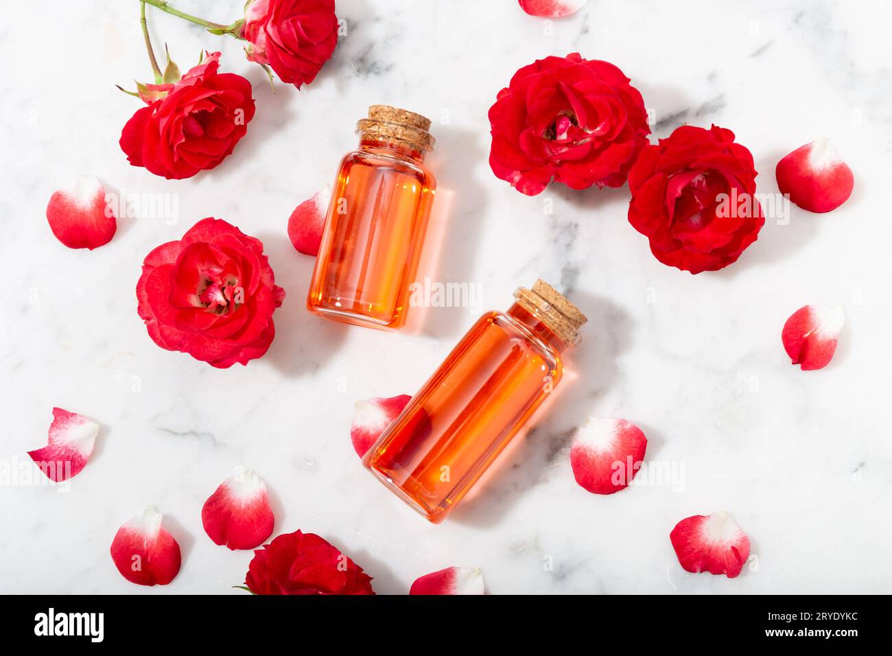 Parfümiertes Rosenwasser in Glasflasche und kleine rote Rosen mit Blütenblättern Stockfoto