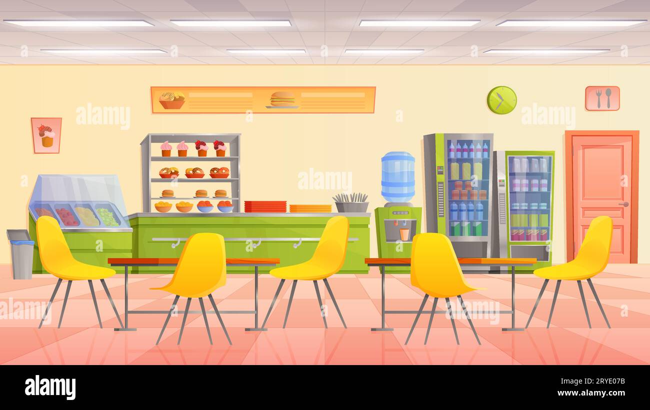 Schulkantine Innenvektorillustration. Cartoon-Speisesaal der Universitäts-Cafeteria mit leeren Tischen und Stühlen, Kuchen-Dessert-Theke und Automaten mit Getränken, Essensmenü an der Wand Stock Vektor