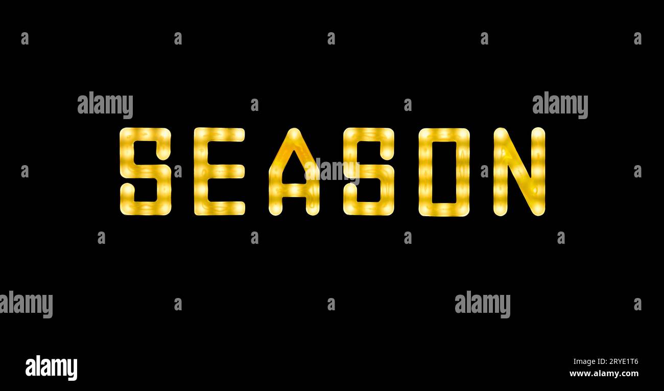 Gelbes neonleuchtendes LED-SEASON-Schild auf Schwarz Stockfoto