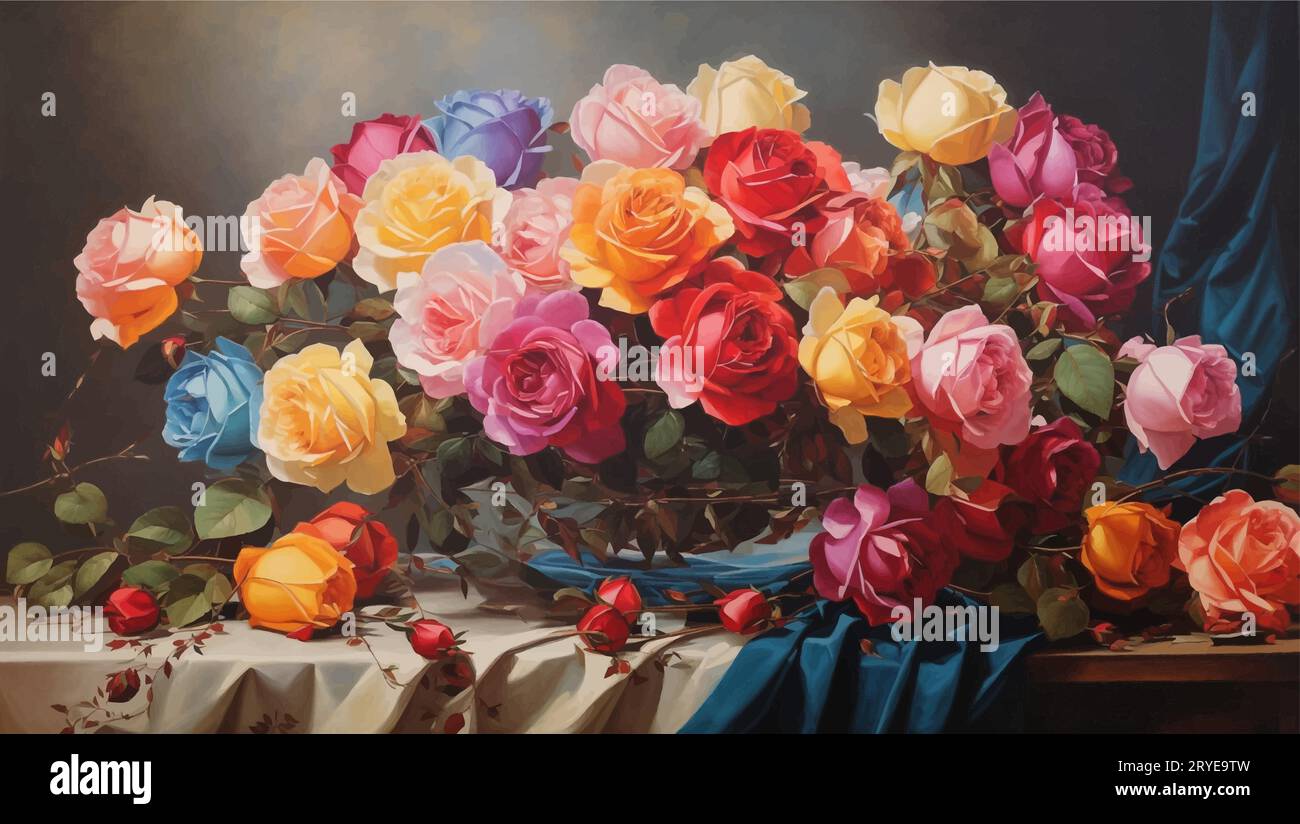 Ein künstlerisches Meisterwerk mit dem Titel „Stillleben mit Blüten“ zeigt das Wesen des Lebens durch eine exquisite Anordnung von leuchtenden Rosen. Stock Vektor