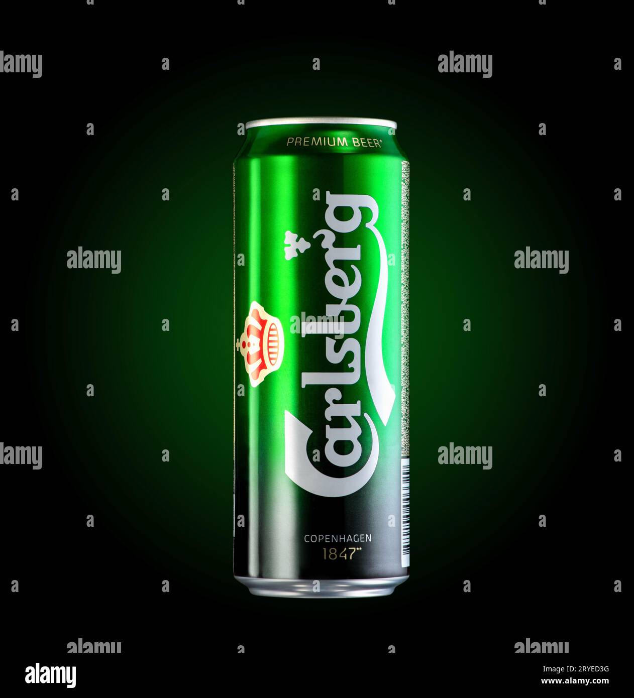 Eine Dose Carlsberg Bier Stockfoto