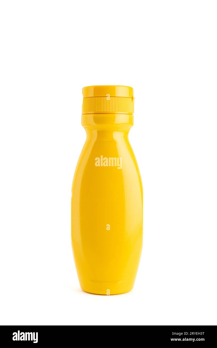 Senfsoßenflasche isoliert auf weißem Hintergrund Stockfoto