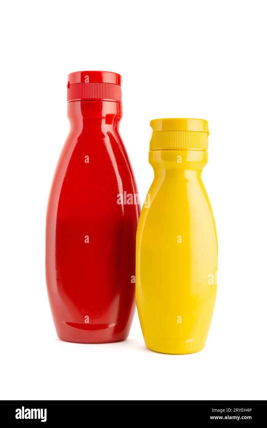 Ketchup- und Senfsoßenflasche isoliert auf weißem Hintergrund Stockfoto