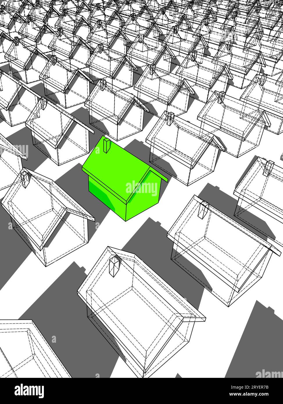 Grünes ökologisches Haus, das sich von anderen abhebt Stockfoto