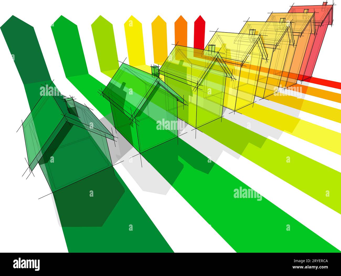 Sieben Häuser, die in sieben energetischen Klassen im Energieeffizienzdiagramm zertifiziert sind Stockfoto
