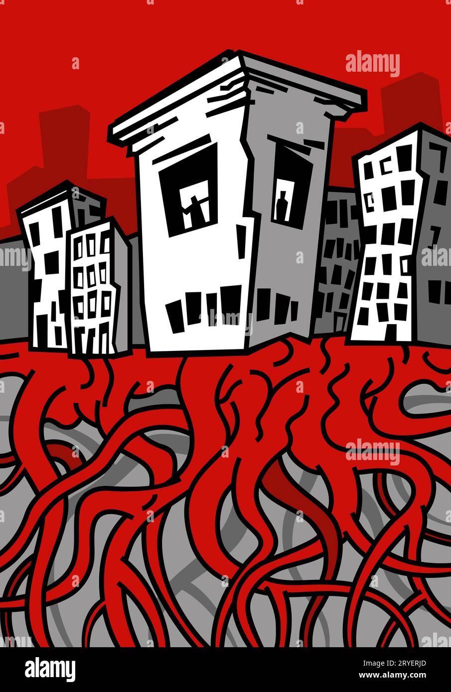 Traurige Stadt mit Totenkopf-artige Gebäude Stockfoto