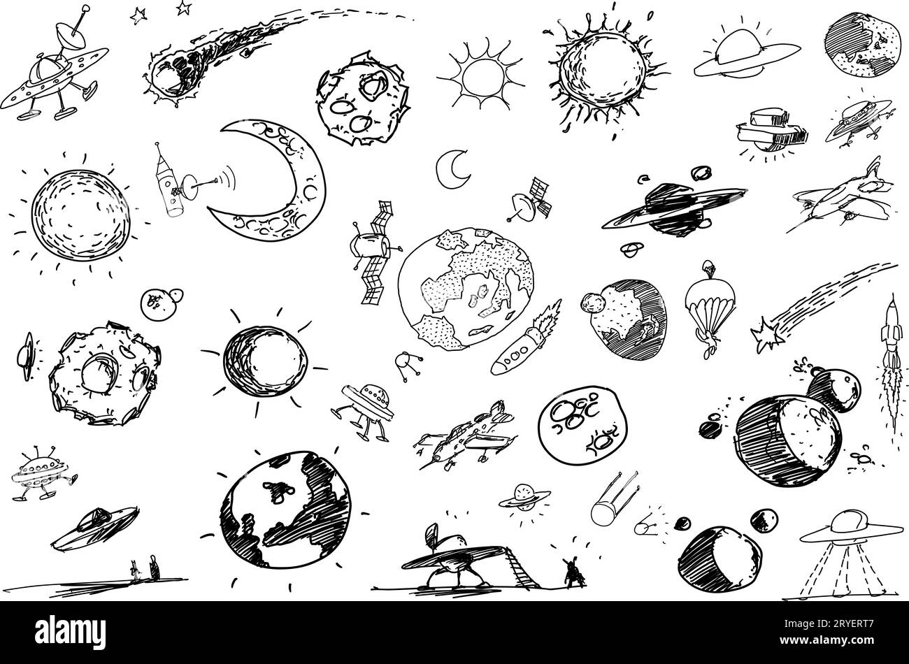Viele Skizzen und Kritzeleien über Raum und Planeten sowie Ufos und Raketen Stockfoto