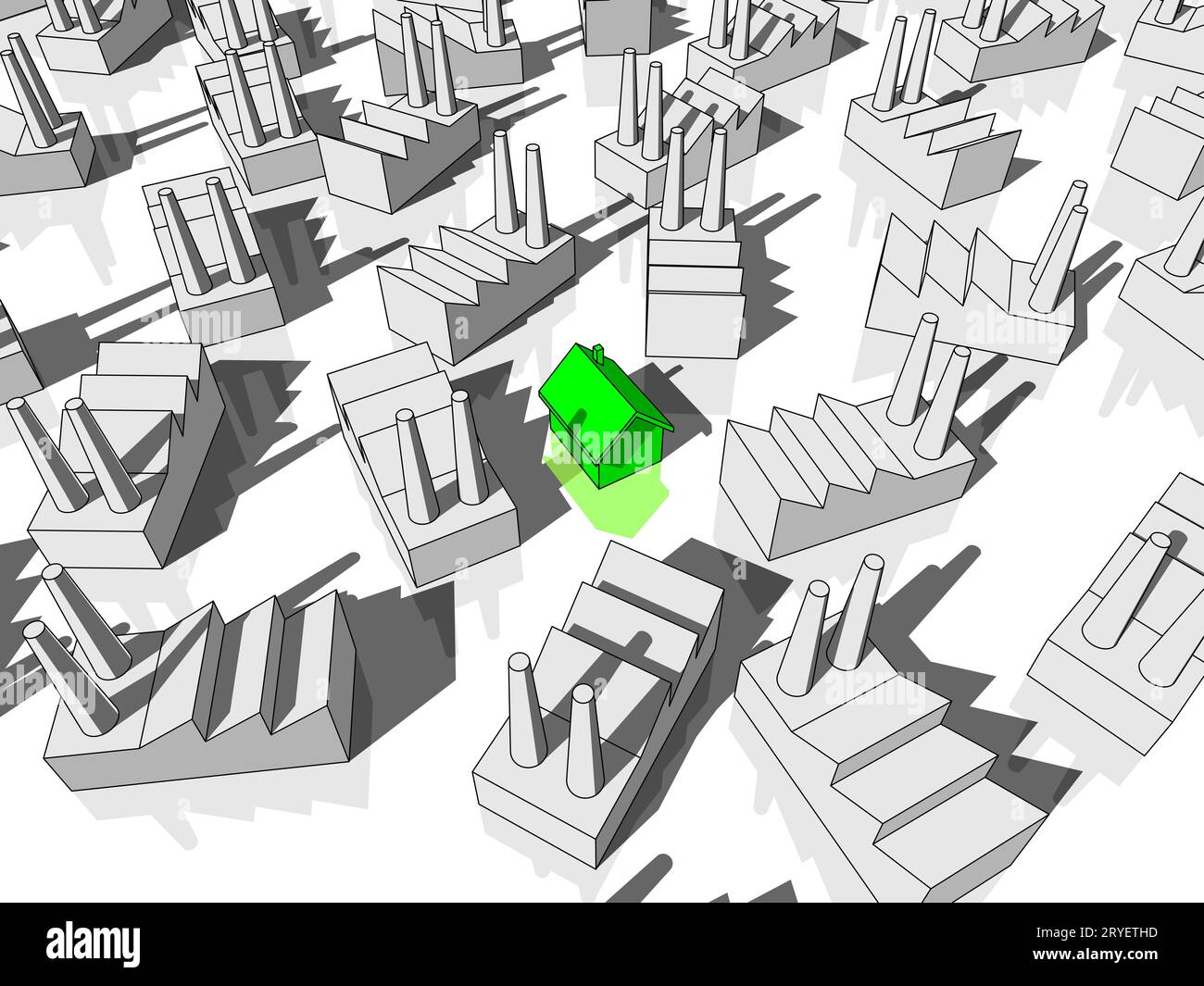 Das grüne žecologicalâ Haus â œ, das von vielen Fabriken umgeben ist Stockfoto