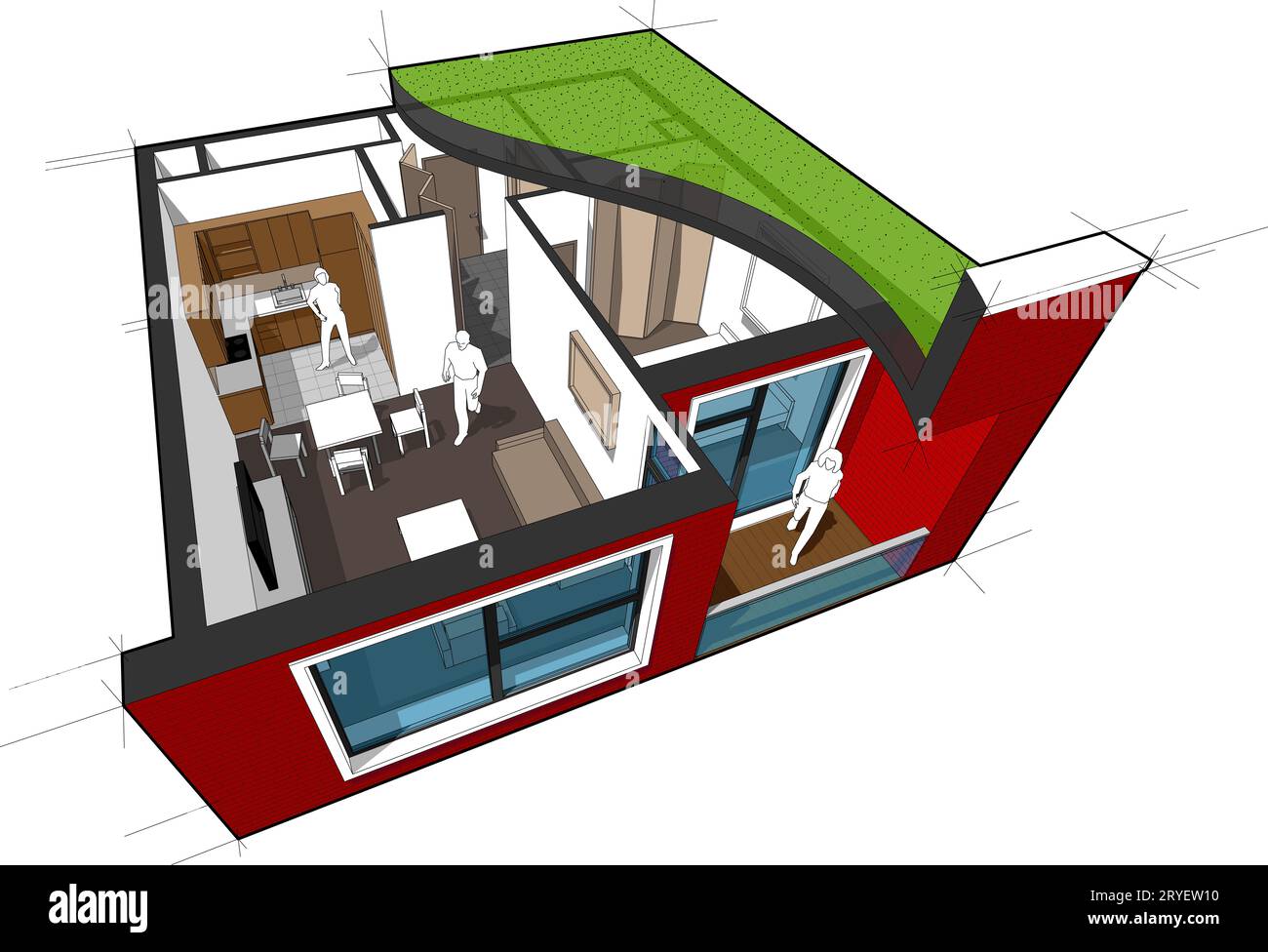 Perspektivisches Schnittdiagramm eines 1-Schlafzimmer-Apartments, komplett eingerichtet mit Flachdach-Cutaway o Stockfoto