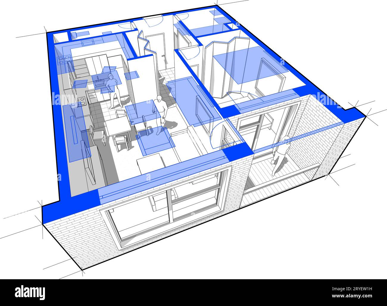 Perspektivisches Schnittdiagramm eines 1-Schlafzimmer-Apartments, komplett eingerichtet mit rotem Grundriss darüber Stockfoto