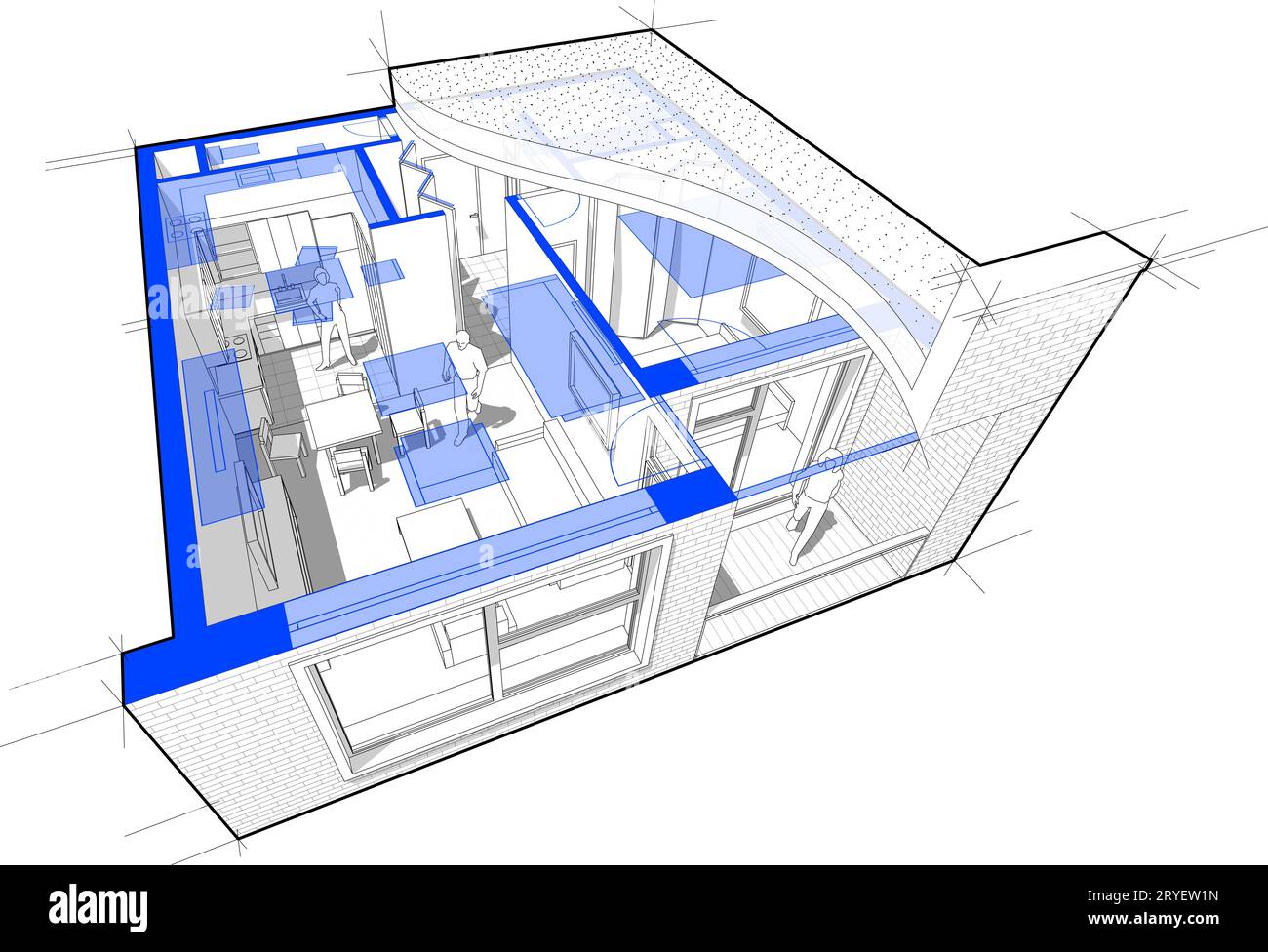 Perspektivisches Schnittdiagramm eines 1-Schlafzimmer-Apartments, komplett eingerichtet mit Flachdach-Cutaway o Stockfoto