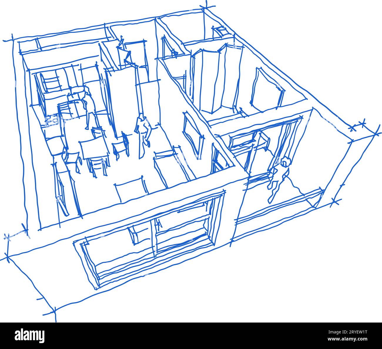 Handgezeichnete Skizze eines perspektivischen abgeschnittenen Diagramms einer komplett möblierten 1-Zimmer-Wohnung Stockfoto