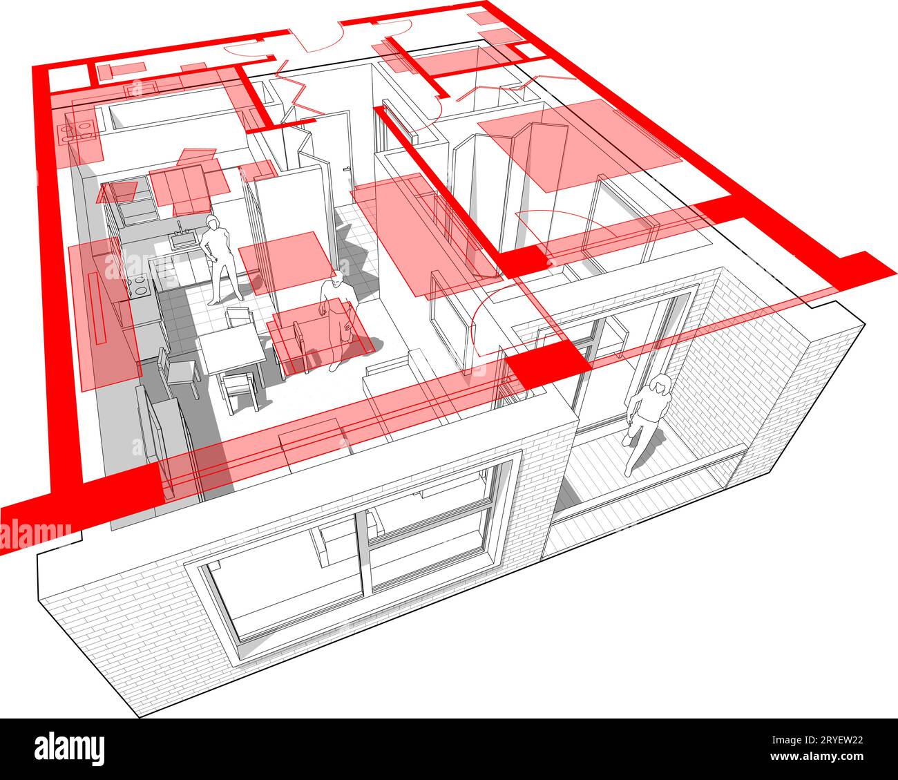 Perspektivisches Schnittdiagramm eines 1-Schlafzimmer-Apartments, komplett eingerichtet mit rotem Grundriss darüber Stockfoto