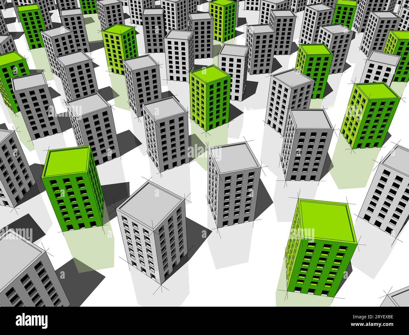 Grüne und graue Gebäude Stockfoto
