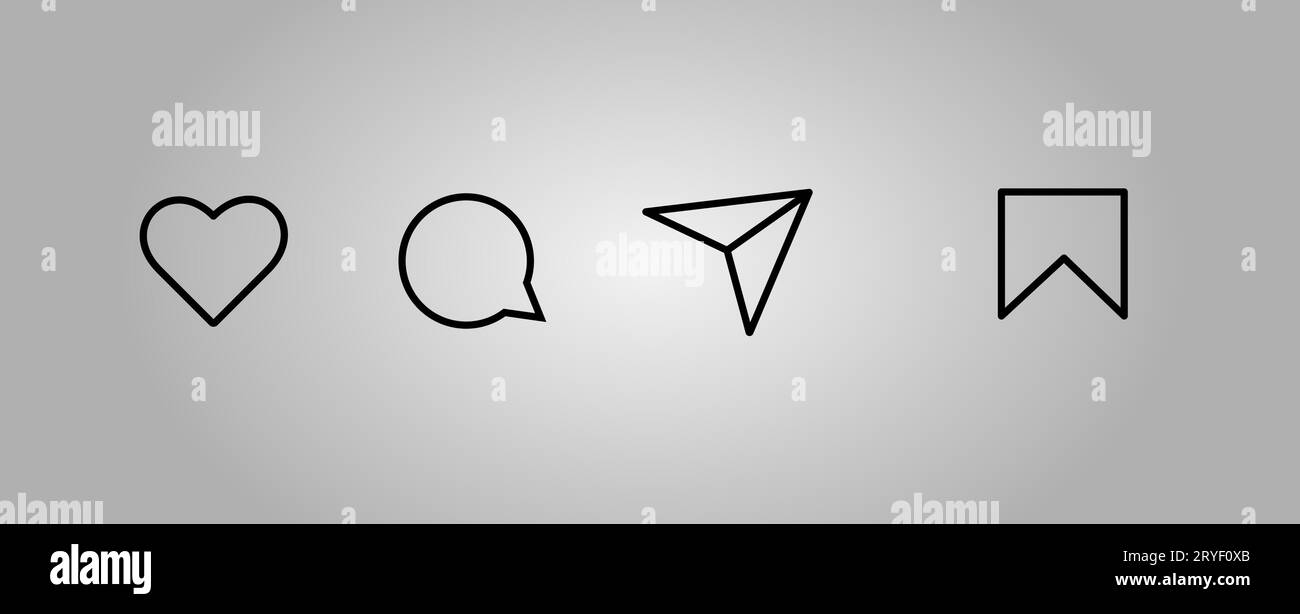 Symbole für Herz, Kommentar, Senden und Lesezeichen für die Benutzeroberfläche. Design für soziale Medien. Vektorzeichen auf verlaufendem Hintergrund für Instagram. Liniensymbole. Stock Vektor