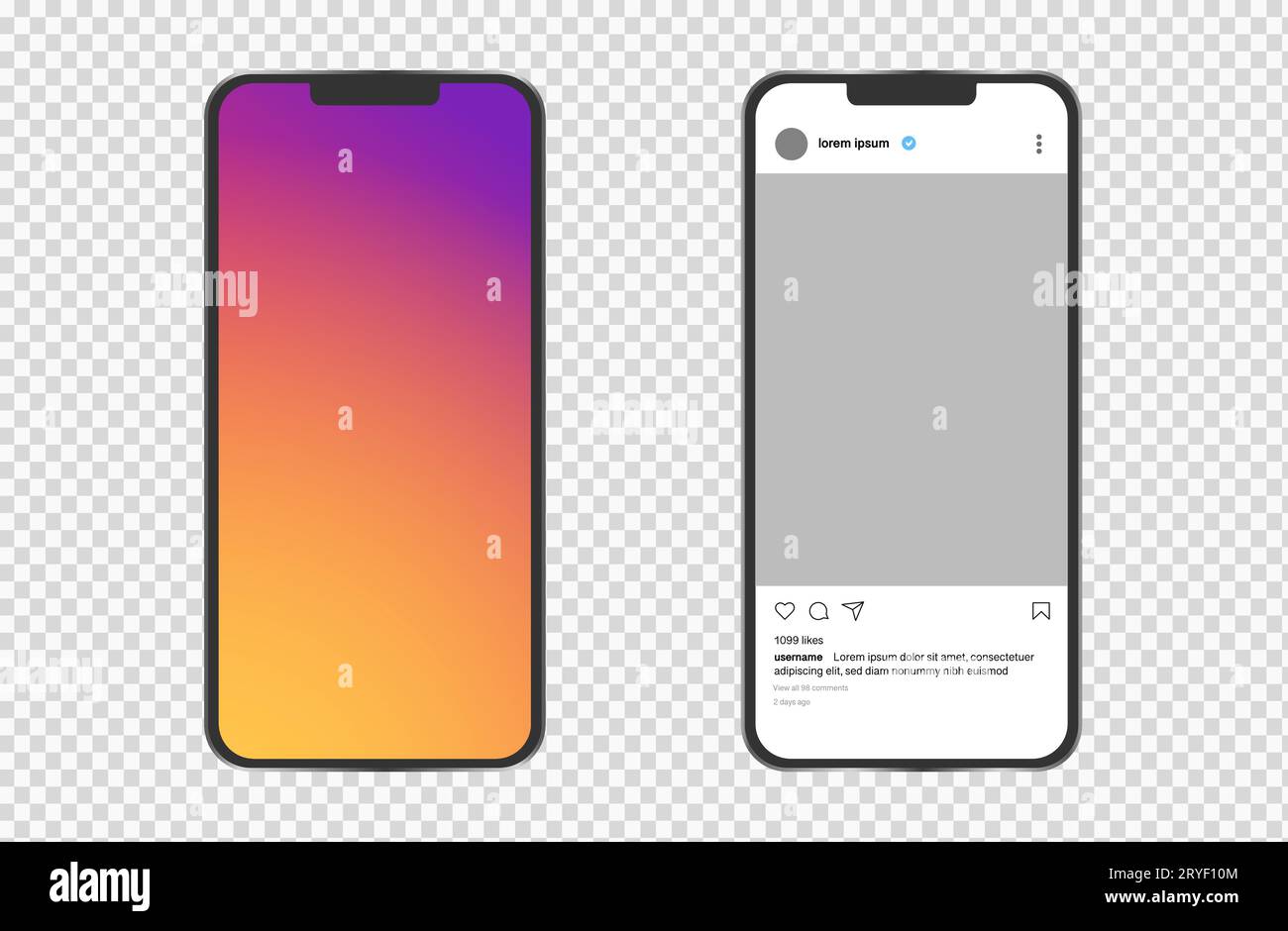 IPhone-Modell des sozialen Netzwerks auf weißem und schwarzem Hintergrund. Trendvorlage für Social-Media-Beiträge. Template User Interface-App. Vektor Stock Vektor