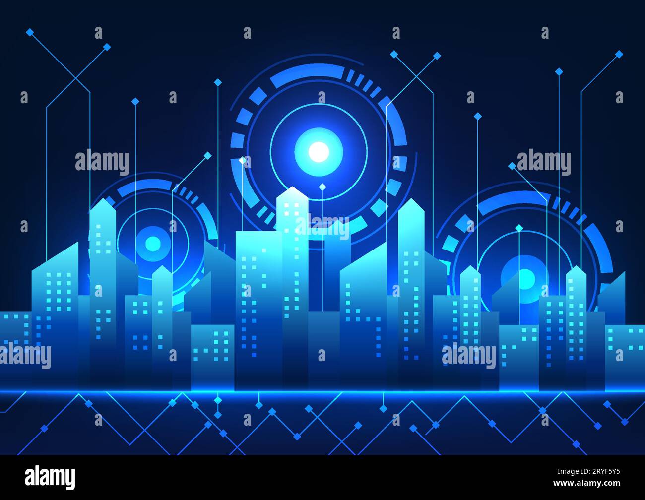 Smart City Technology Eine Stadt mit Gebäuden, die hinter einem Technologiekreis mit Technologiekreisen stehen. Es stellt eine intelligente Stadt dar, die Konv Stock Vektor