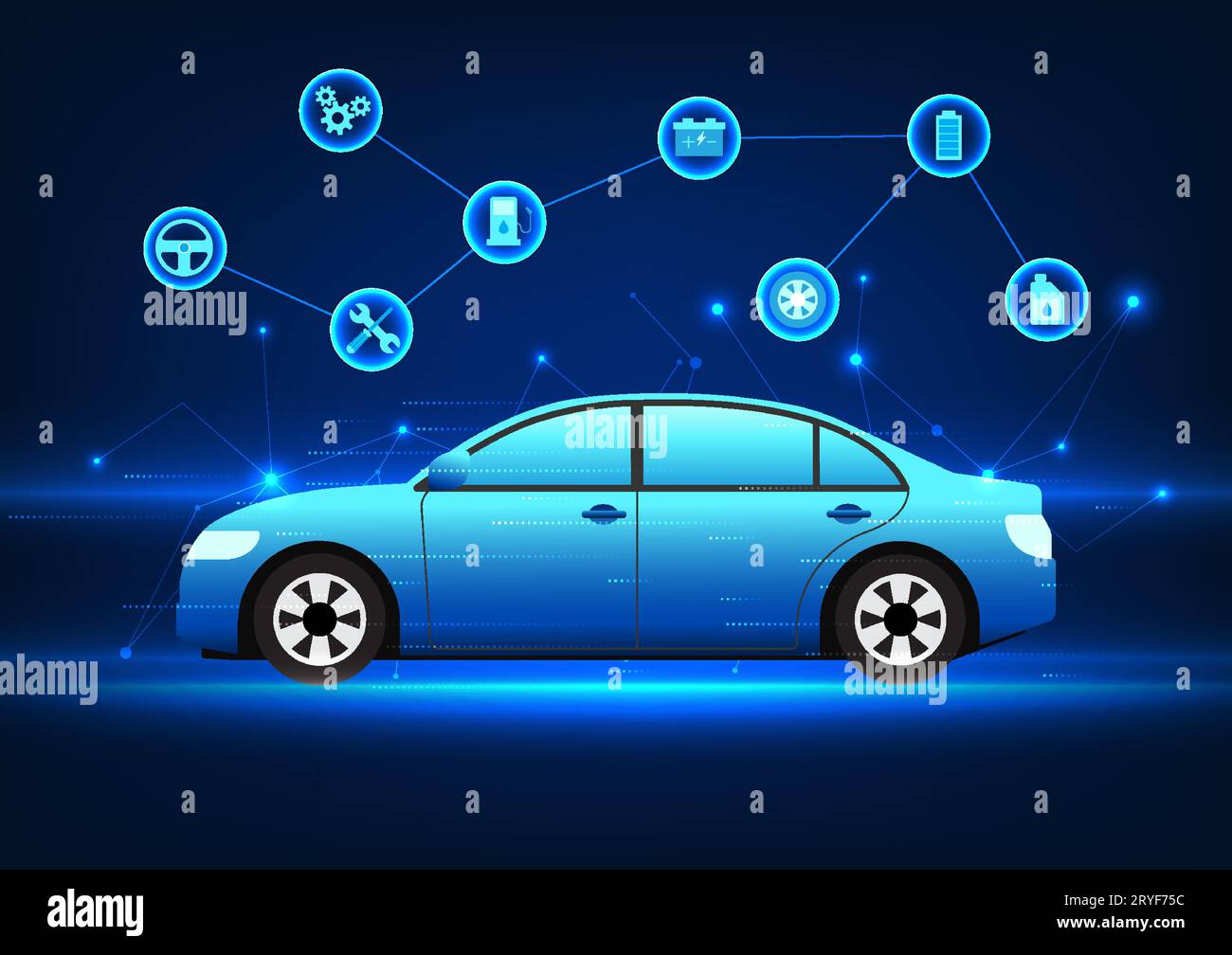 Fahrzeugtechnik Symbol für vernetzte Fahrzeugteile es steht für ein Fahrzeug, das von Innovationen angetrieben wird, die eine bessere Kraftstoffeffizienz und eine größere Auswahl an Apps bieten Stock Vektor