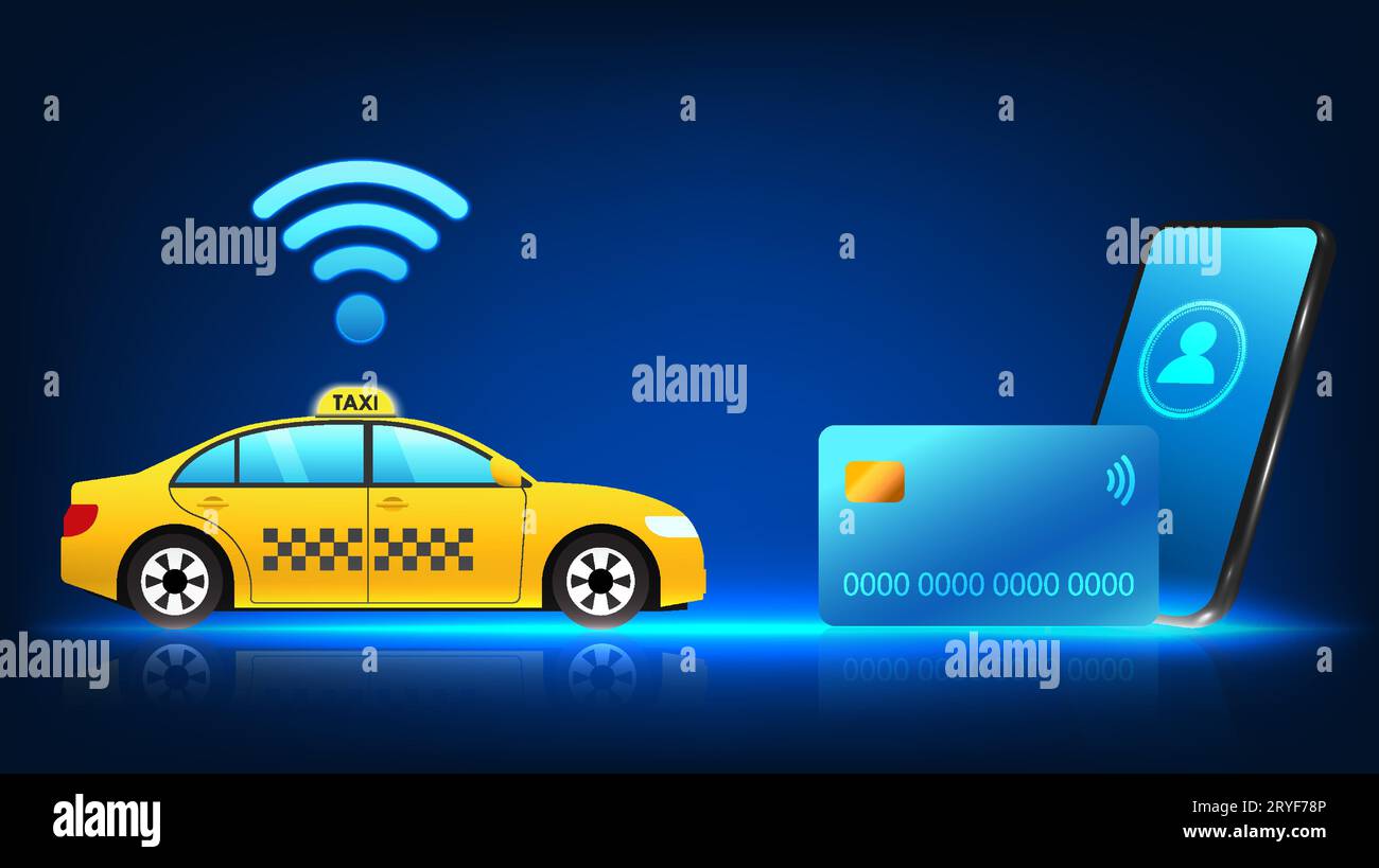 Smartphone-Technologie, die mit Kreditkarten verknüpft ist, kann Taxifahrer über das Mobiltelefon bezahlen. Das Taxi verfügt über ein Wi-Fi-Schild und ein Mobiltelefon mit Kreditkarte Stock Vektor