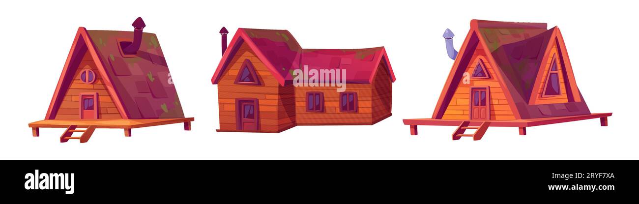 Holzkabine Clipart, Sommer Waldhaus Vektor-Set. Holzhütten-Symbol isoliert auf weißem Hintergrund. Holzhaus auf Pfählen mit Doo Stock Vektor