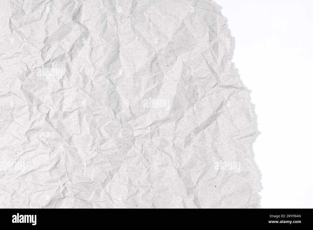 Zerrissenes graues zerknittertes Papier auf weißer Pappstruktur. Leeres Papierhintergrund mit Platz zum Kopieren von Text und Grafiken Stockfoto
