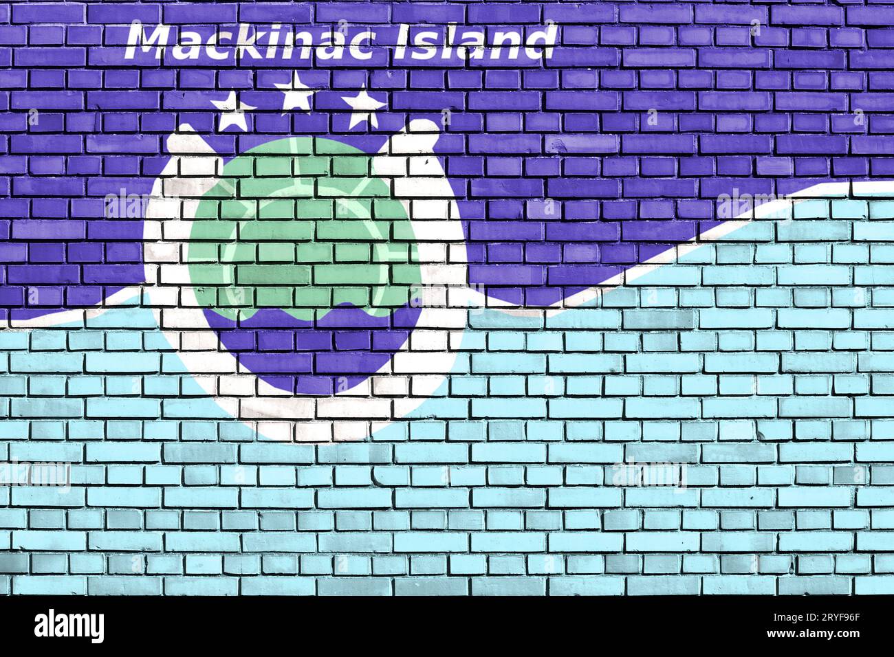 Flagge von Mackinac Island, Michigan, gemalt auf Ziegelwand Stockfoto