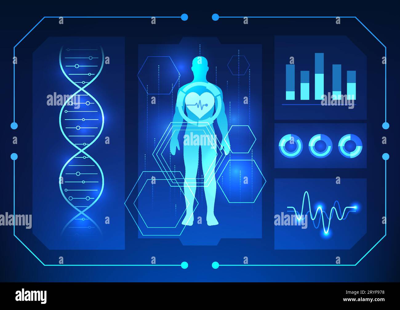 Medizinische Technologie scannt den menschlichen Körper zusammen mit DNA und Grafiken zeigen medizinische Technologie, die den menschlichen Körper scannt, um Krankheiten zu diagnostizieren und zu behandeln Stock Vektor