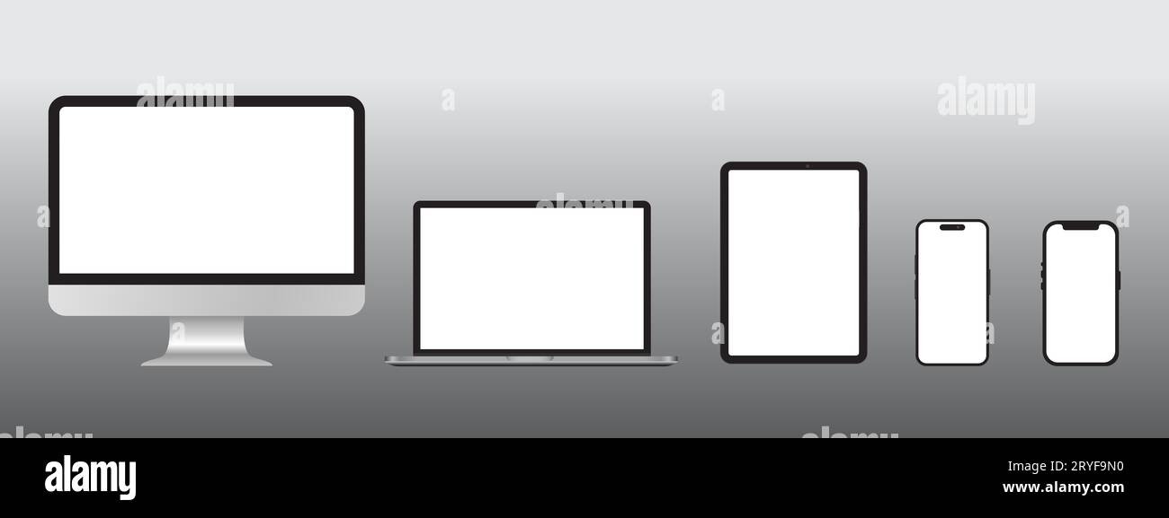 Set aus Computer, Laptop, Tablet und Smartphone dunkelgraues Farbmodell mit leerem Bildschirm isoliert auf grauem Hintergrund Stock Vektor