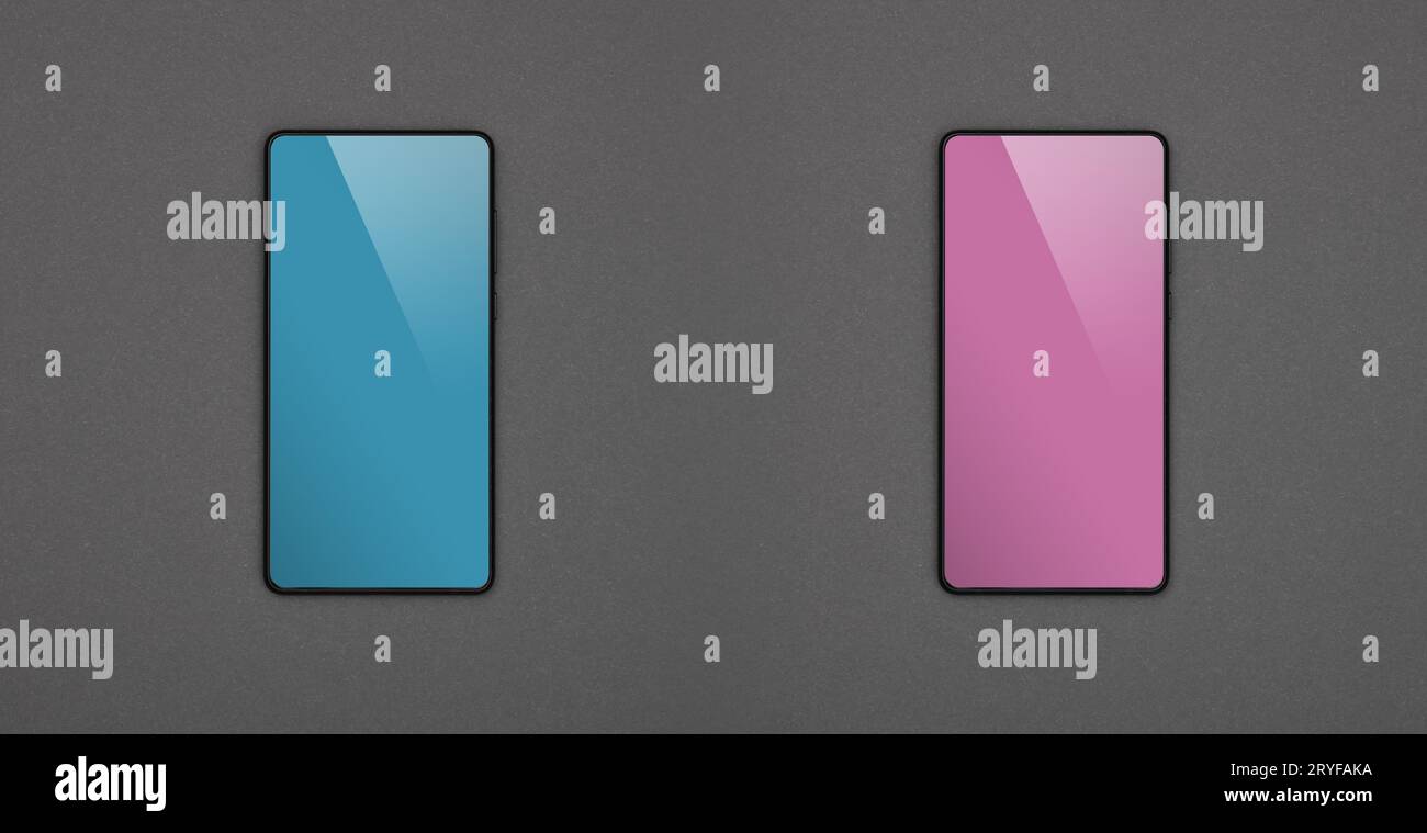 Zwei Smartphones mit leeren Bildschirmen über Grau Stockfoto