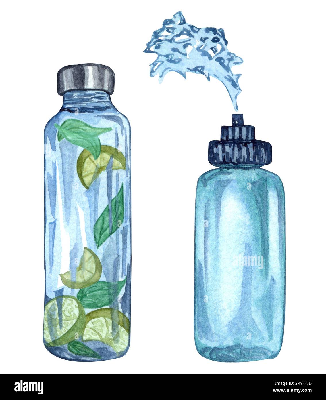 Aquarellabbildung von Sportwasserflaschen. Handgezogene Fitnessflasche mit frischer Flüssigkeit mit Früchten und Kräutern. Klares Wasser A Stockfoto