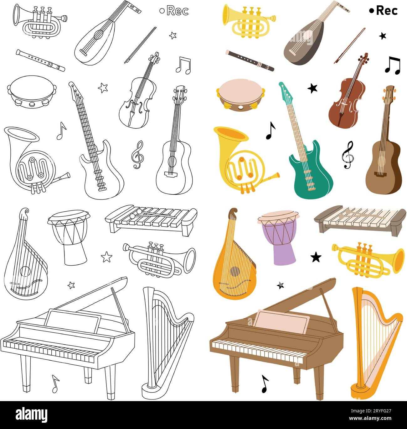 Musikinstrumente für die Gestaltung von Musikschulen. Tuba, Trompete, Trommelflöte, Horn, Laute, Violine, E-Bass, Akustikgitarre. Stock Vektor