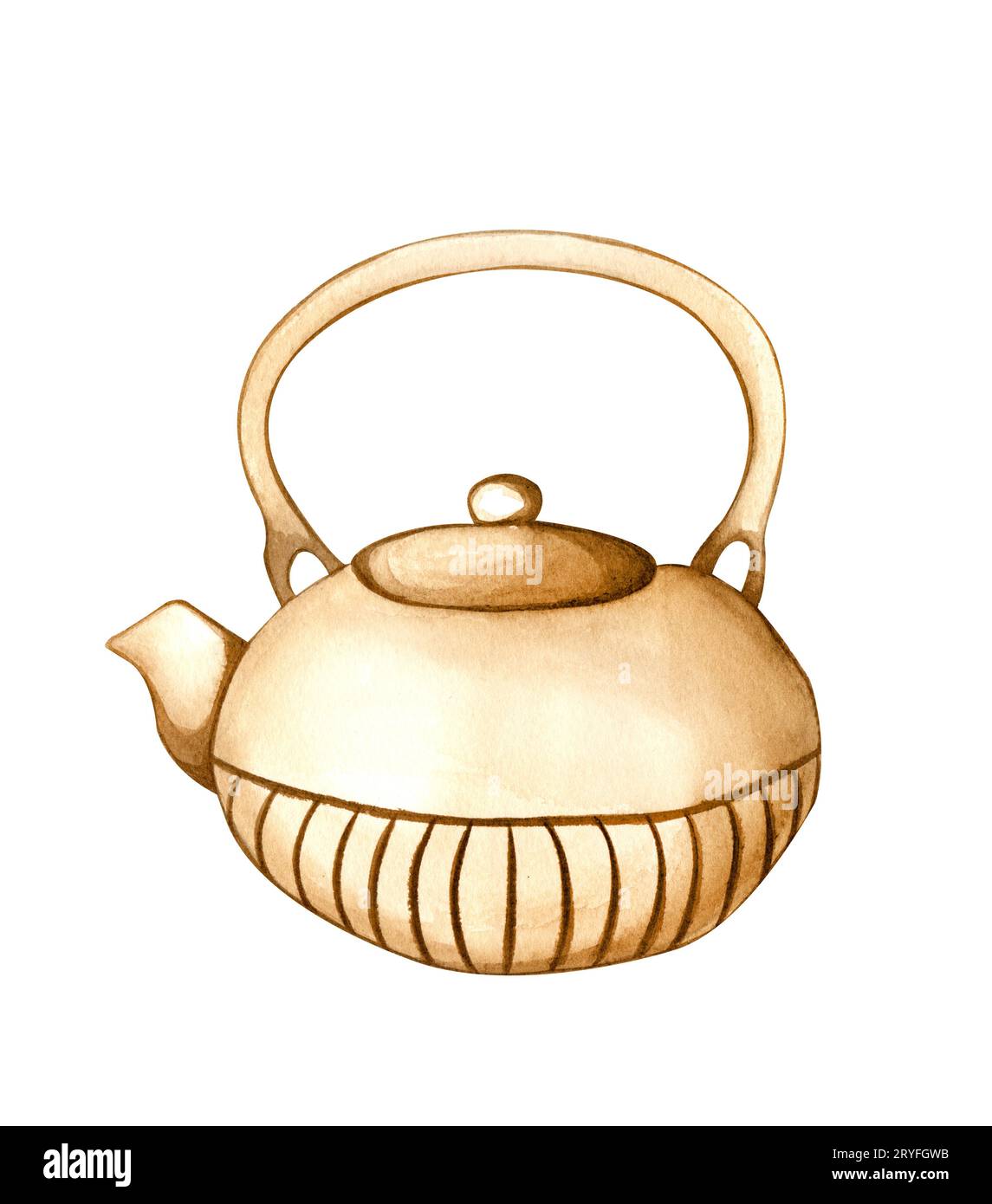 Aquarell-Keramik-Teekanne in beiger Farbe. Einzelne Teekanne isoliert auf weiß Stockfoto